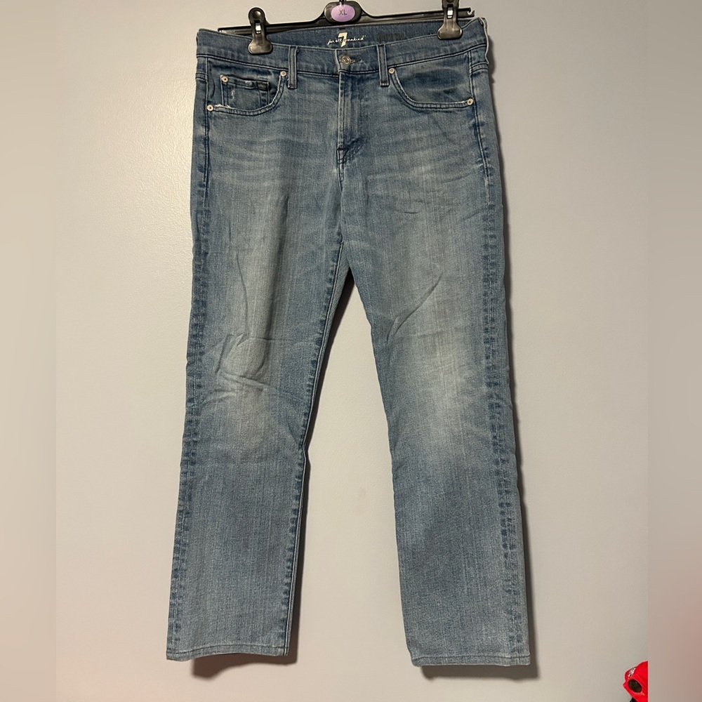 7 For All Mankind Light Blue Distressed Straight Jeans Size 33